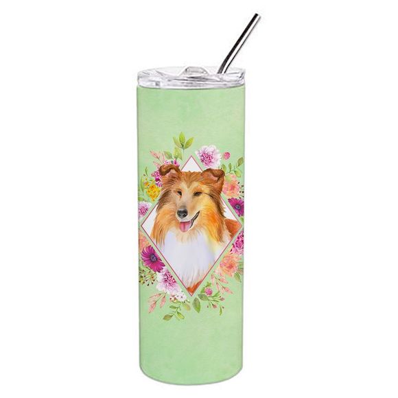 Sheltie Shetland Sheepdog Green Flowers Stainless Steel 20 oz Skinny Tumbler - Picture 3 of 4